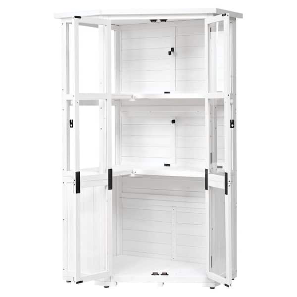63'' H Garden Wood Storage Cabinet, Tool Storage Shed, Mini Greenhouse Cold Frame with Roof and Lockable Door, White