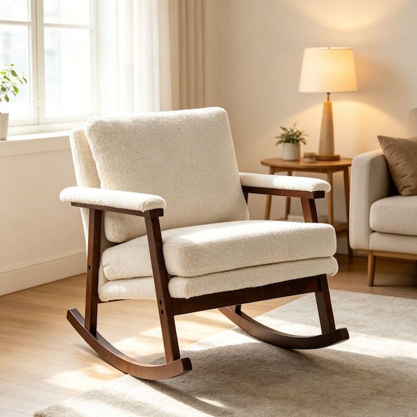 Mid-Century Modern Rocking Chair Antique White Cotton Linen Upholstered Accent Arm Chair with Wood Frame