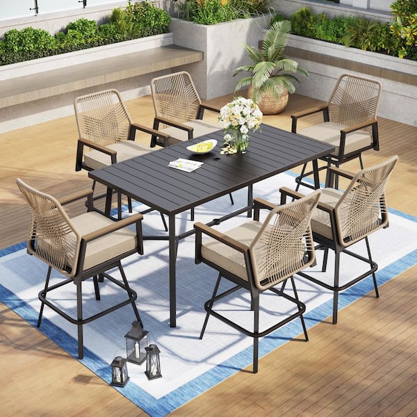 7-Piece Metal Bar Height Outdoor Dining Set with Rectangle Table and Swivel Bar Stools with Beige Cushions