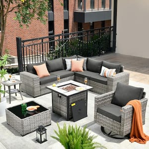 Metis 9-Piece Wicker Outdoor Patio Fire Pit Sectional Sofa Set and with Black Cushions and Swivel Rocking Chairs