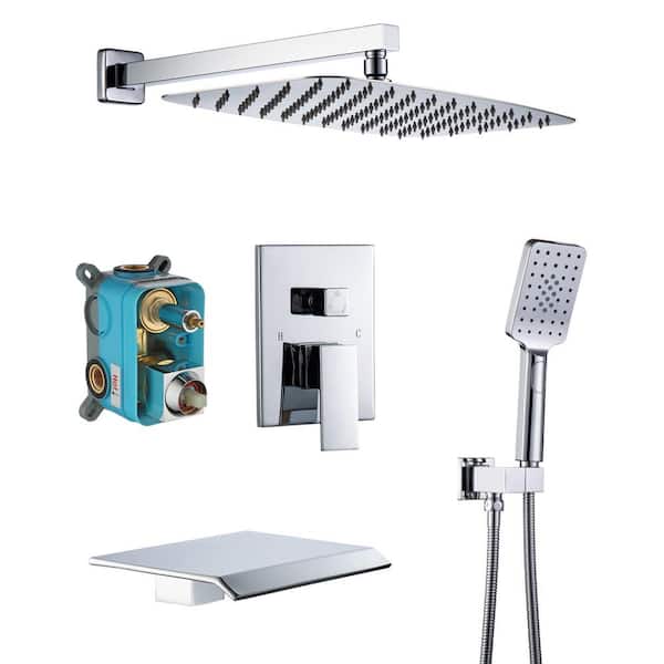 RAINLEX 1-Handle 3-Spray Square High Pressure Shower Faucet Waterfall 12 in. Shower Head in Polished Chrome (Valve Included)