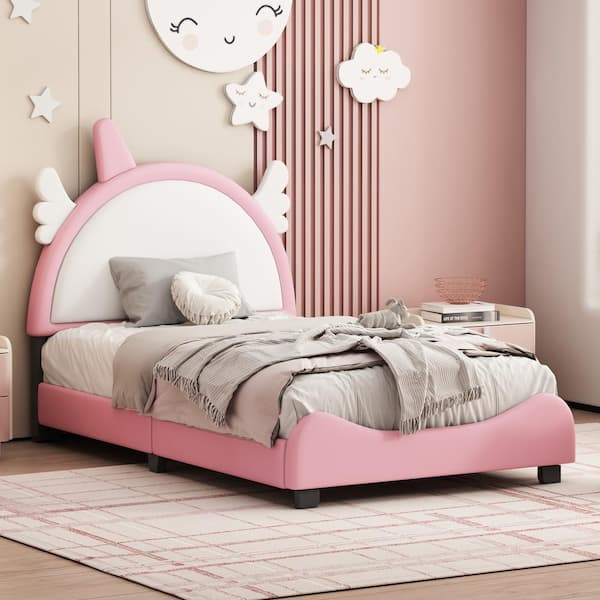 Harper & Bright Designs Pink Twin Size Upholstered Wooden Platform Bed with Unicorn Shape Headboard and Footboard