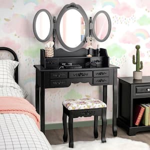 Vanity Makeup Set with 7-Drawer Tri-Folding Mirror Dressing Table and Stool Set Black