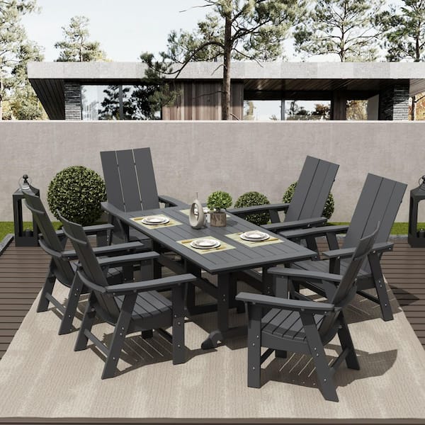 Shoreside Outdoor Patio Weather Resistant Gray 7-Piece HDPE Plastic Adirondack Dining Set