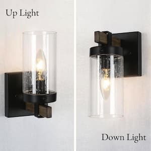 1-Light Black Industrial Wall Sconce with Seeded Glass Shade and Faux Wood Accents