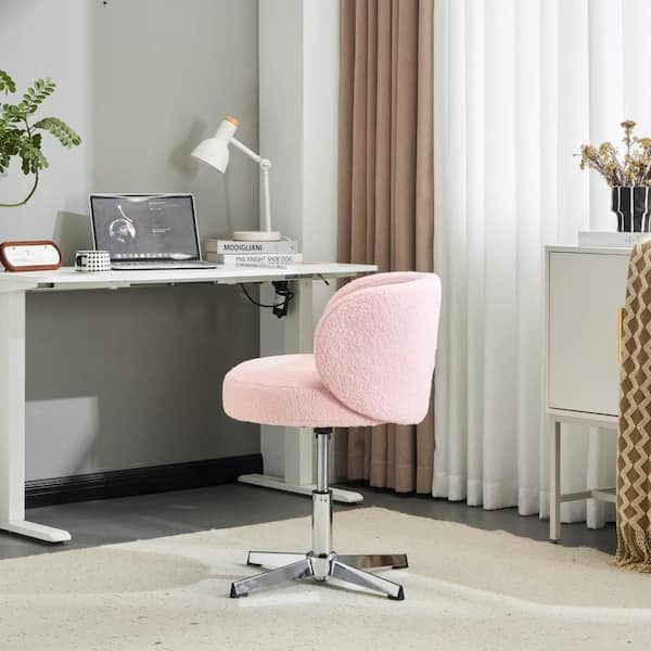 Cute Modern Teddy Fabric Swivel Adjustable Height Ergonomic Drafting Chair in Pink with Armless and No Wheels