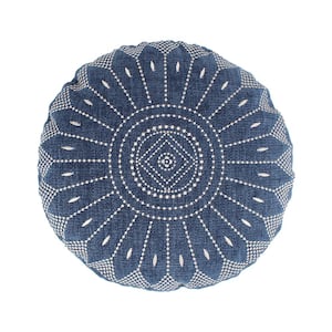 Bellamy Teal - Navy, White Medallion Embroidered 16 in. x 16 in. Round Throw Pillow