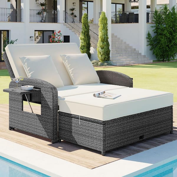 Gray Wicker Outdoor Day Bed with White Cushions