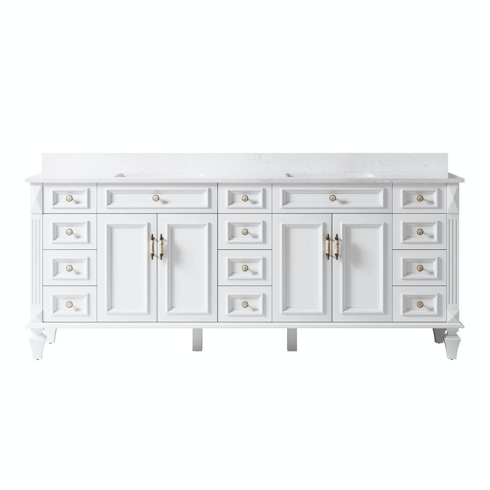 Artwood 84 in. W Double Sink Freestanding White Bath Vanity with Carrera White Quartz Vanity Top Solid Wood Bath Cabinet price history on PriceWatchPro