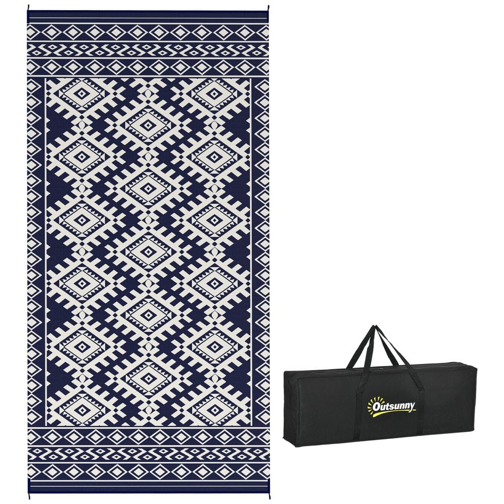 Blue and White Rhombus Border 9 ft. x 18 ft. Waterproof Plastic Straw Floor