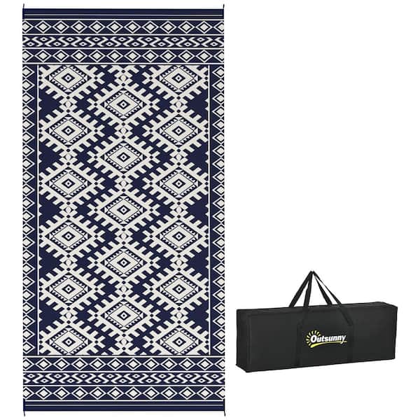 Outsunny Blue and White Rhombus Border 9 ft. x 18 ft. Waterproof Plastic Straw Floor Mat Large Reversible Outdoor Rug Area Rug