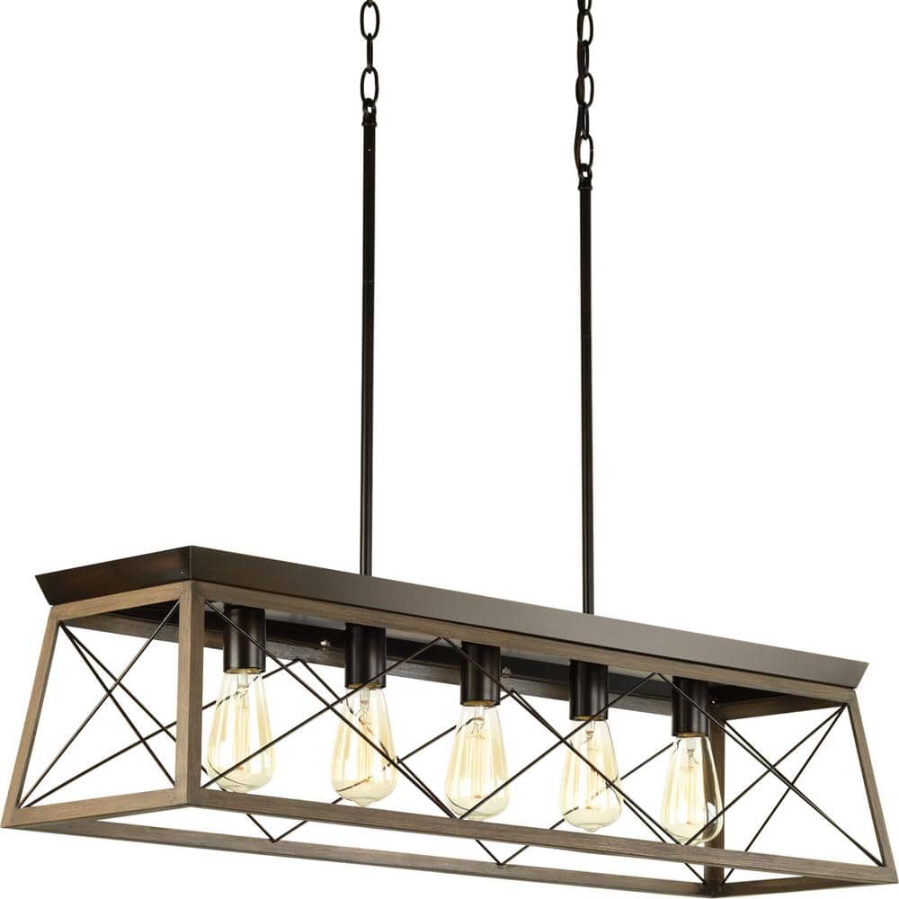 Antique Bronze 5-Light Linear Chandelier with Faux Wood Frame