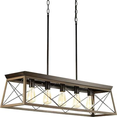 Briarwood Collection 38 in. 5-Light Antique Bronze Farmhouse Linear Chandelier with Painted Wood Oak Frame.