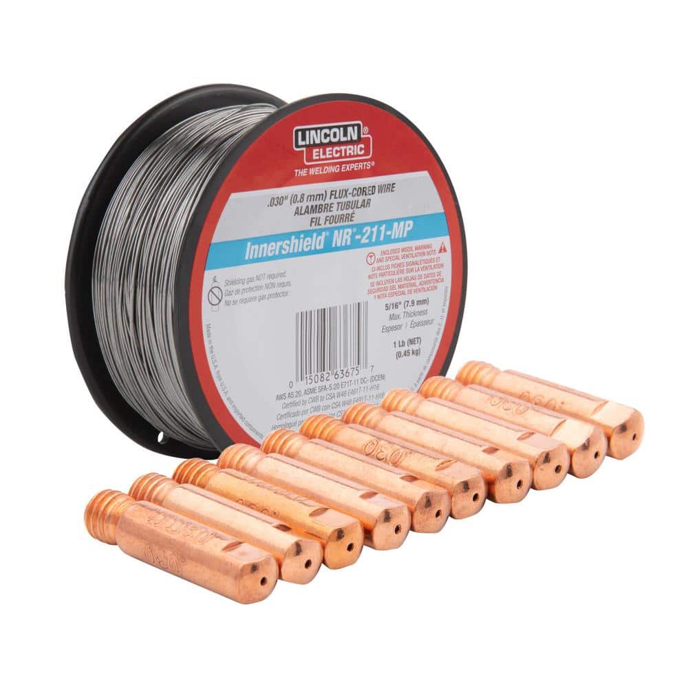 Lincoln Electric 0.030 in. Innershield NR211-MP Flux-Core Welding Wire for  Mild Steel (1 lb. Spool) with 10 Pack 0.030 in. Contact Tips K5365-14 The  Home Depot