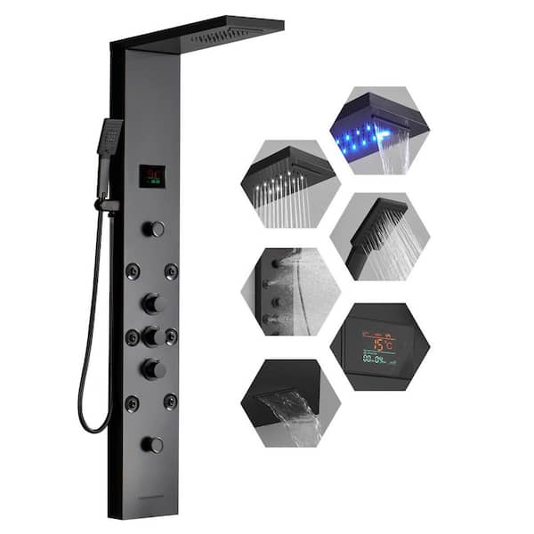 5-in-1, 8-Jet Shower Panel Tower System with Rainfall Waterfall Shower Head, and Massage Body Jets in Matte Black