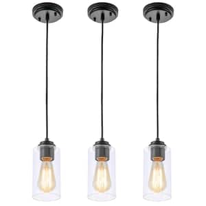 1-Light Black Island Pendant Light with Cylinder Clear Glass(3-Pack)