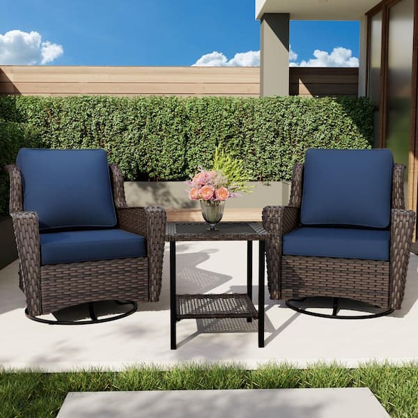 Brown 3-Piece Wicker Patio Conversation Seating Sofa Set with Blue Cushions and Swivel Rocking Chairs