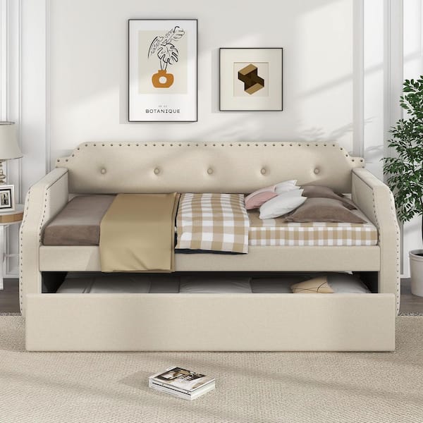 Beige Twin Upholstered Daybed with Trundle