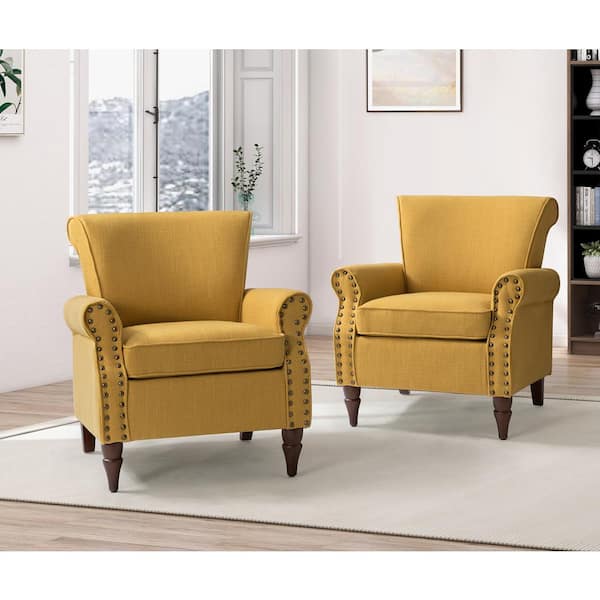 JAYDEN CREATION Cythnus Traditional 30 in. Mustard Upholstered Polyester Arm Chair with Wooden Legs (Set of 2)