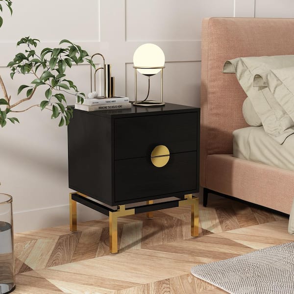 FUFU&GAGA 17.8 in. Width x 23 in. Hieght, Black Rectangle Wooden End Table, Nightstand with Golden Legs & 2-Drawers