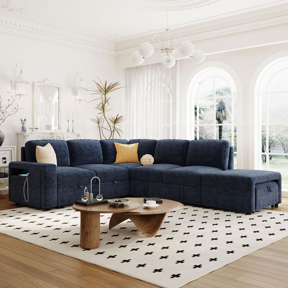 90.6 in. Square Arm Polyester Sectional Sofa with Storage Space, USB Ports, and Cup Holders on the Armrests in. Blue