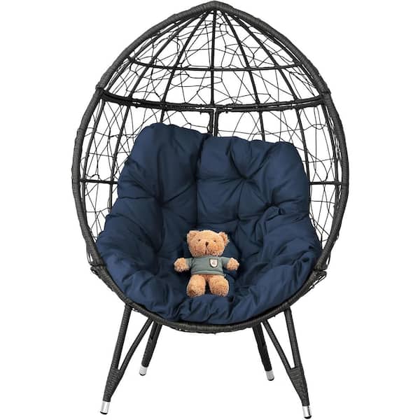 Unbranded Wicker Outdoor Lounge Chair Patio Egg Chair Oversived Basket Rattan Chair with Blue Cushion for Balcony Bedroom