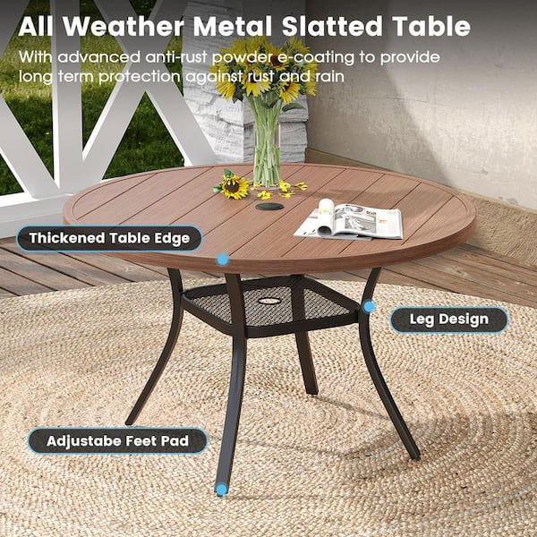 5-Piece Metal Outdoor Dining Set with 40.6 in. Walnut Round Dining Table and 4 Brown Wicker Stackable Dining Chairs