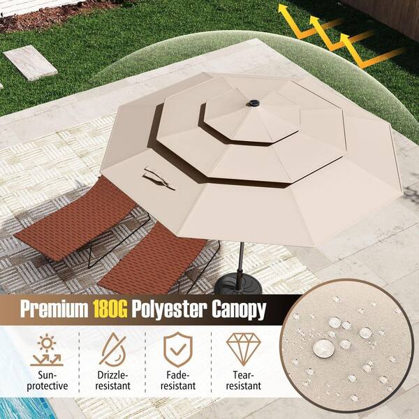 10 ft. Steel Market Solar Patio Umbrella with 32 LED Lights 3-Tier Vented Top in Beige