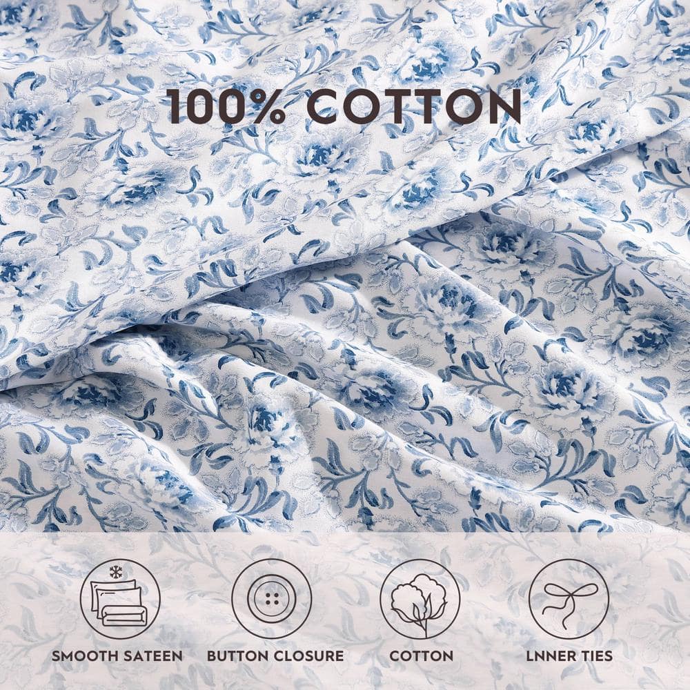Lorelei Blue Floral Cotton Sateen Full/Queen Duvet Cover Set