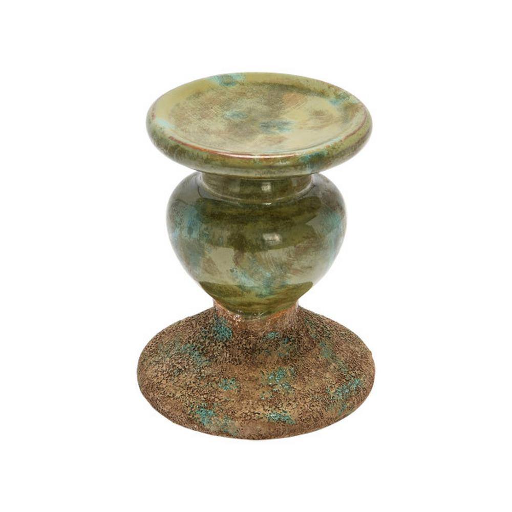 Distressed Green Ceramic Sculptural Pillar Candle Holder
