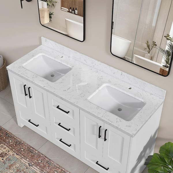 Kar 66.3 in. W x 22 in. D Carrara White Engineered Marble Vanity Top with Rectangular Double Sinks and Backsplash