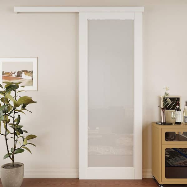 36 in. x 80 in. Hidden Track Style 1 Lite Frosted Glass White Primed MDF Sliding Barn Door with Hardware Kit