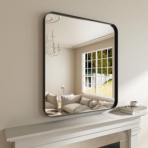 36 in. W x 32 in. H Rectangular Aluminum Framed Modern Black Rounded Wall Mirror