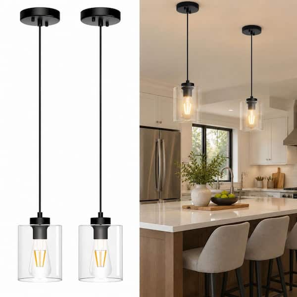 (2 Pack) 1-Light Modern Matte Black Pendant Lights w/ Clear Glass Shade Industrial Hanging Light for Kitchen Dining Room