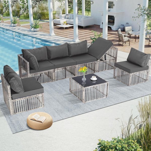 JUSKYS Bohemian Light-Gray 7 Pieces PE Rattan Wicker Patio Conversation Sectional Seating Set with Gray Cushions, Coffee Table