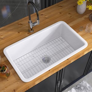 27 in. Drop-In/Undermount Single Bowl Farmhouse Fireclay Kitchen Sink Dual Mount with Bottom Grids and Strainer in White