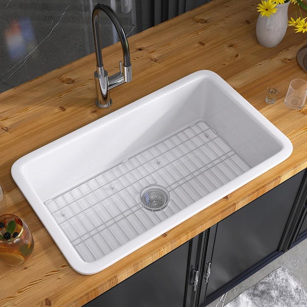 Getpro 27 in. Drop-In/Undermount Single Bowl Farmhouse Fireclay Kitchen Sink Dual Mount with Bottom Grids and Strainer in White