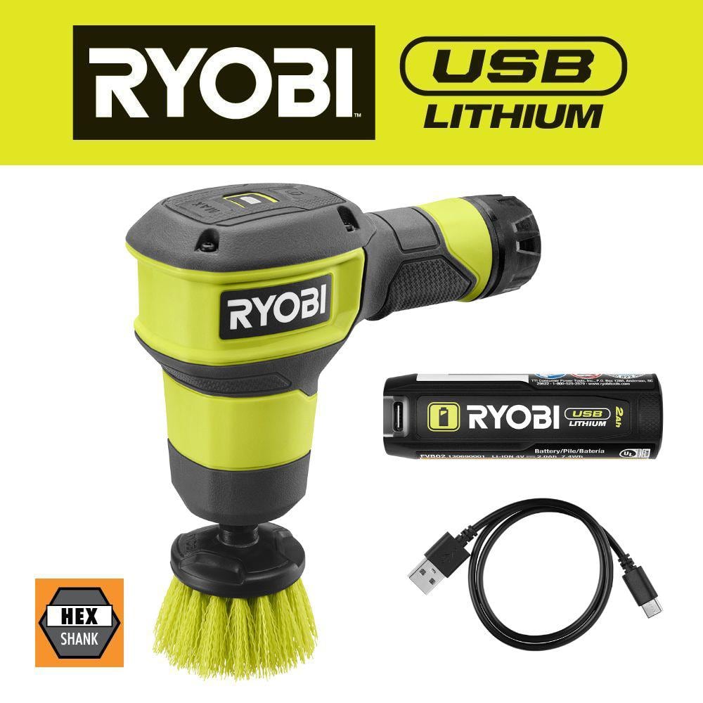 RYOBI USB Lithium Compact Scrubber Kit with 2.0 Ah Battery, USB Charging Cord, and 2 in. Medium Bristle Brush FVG51K