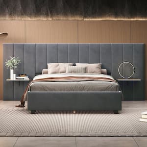 Oversize Headboard Gray Wood Frame Queen Velvet Upholstered Platform Bed with Bedside Storage Shelves