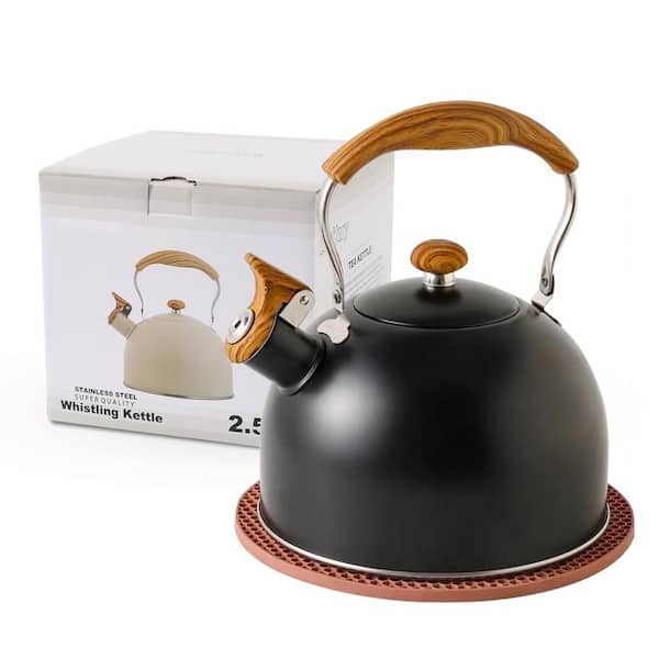 PRIMEPLUS 10-Cups 2.5 qt. Black Stainless Steel Tea Kettle with Wood Handle in Black