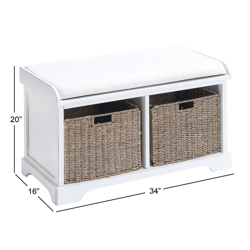 Elegant White Linen Cushioned Storage Bench with Wicker Baskets