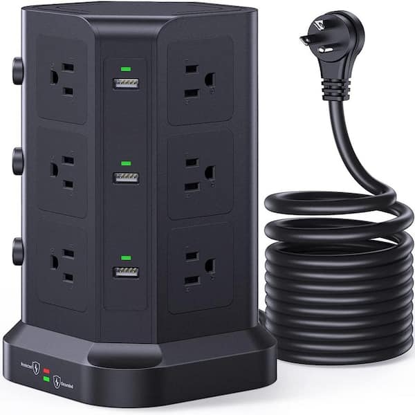 Etokfoks 10 ft. 4 AC Outlets Flat Plug Power Strip with 3 USB Ports, Black Extension Cord, Wall Mount Outlet Extender