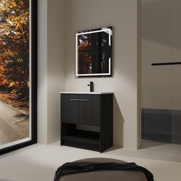 30 in. Single Sink Freestanding Black Bath Vanity with White Ceramic Top Open Shelf and Door Storage Cabinet Unassembled