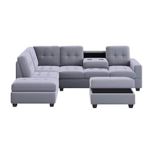 112 in. 3-piece Velvet L-Shaped Sectional Sofa in Gray, Couch Set with Storage Ottoman and 2 Cup Holders