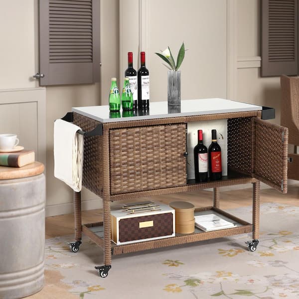 Unbranded Outdoor Wicker Bar Cart, Patio Wine Serving Cart w/Wheels, Rolling Rattan Beverage Bar for Porch Poolside Party, Brown