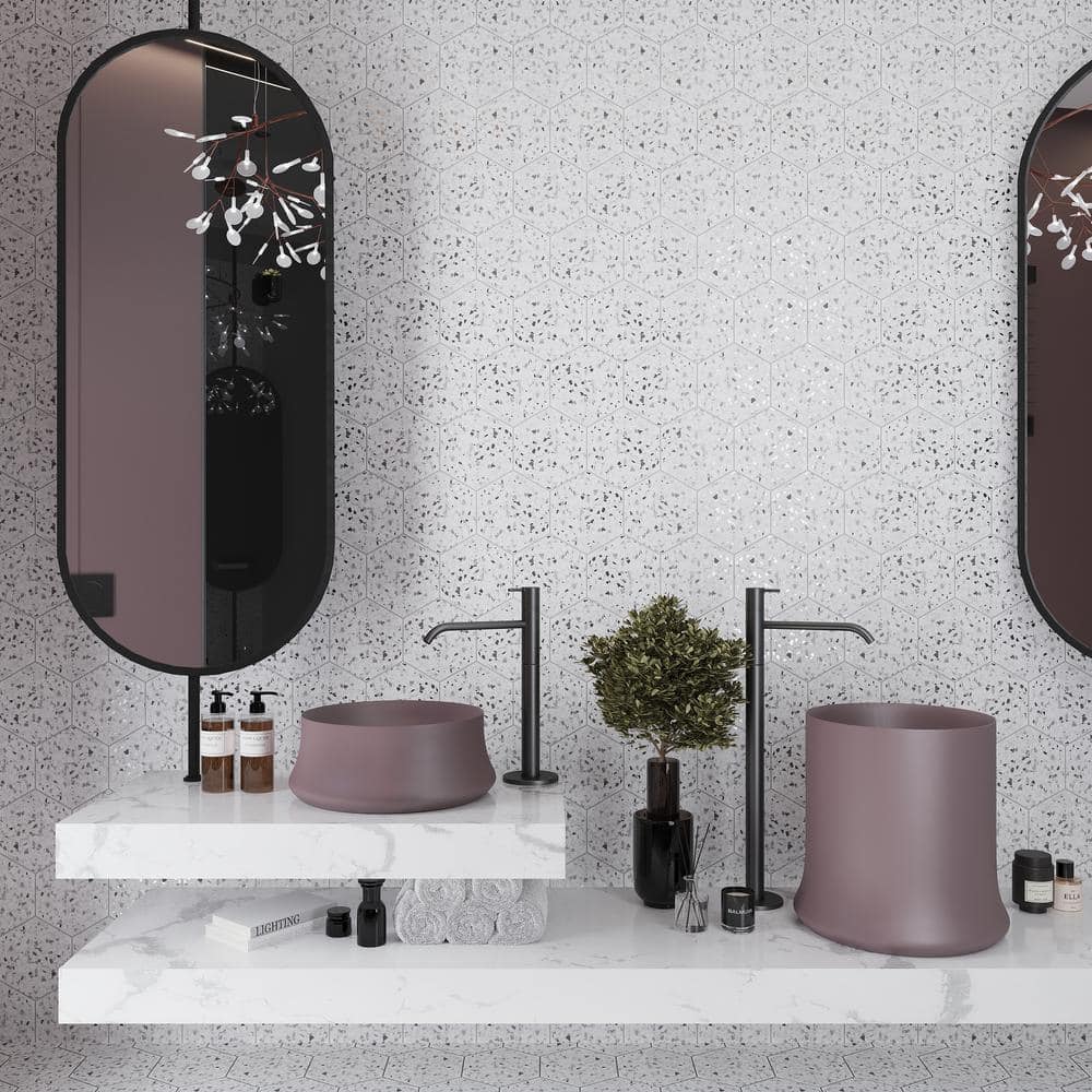 Terra Mia Matte White and Black Porcelain Hexagon Tile