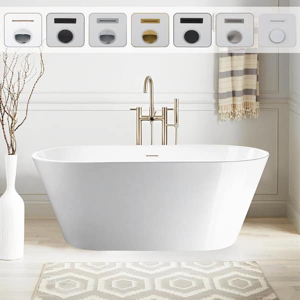 Vanity Art Domme 67 in. Acrylic Flatbottom Freestanding Non-Slip Soaking Bathtub in White/Integrated Overflow