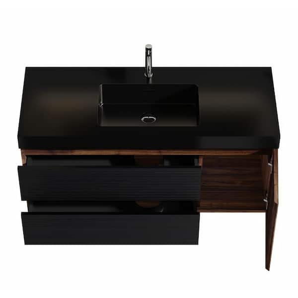 Ziyudura 48 in. Single Sink Floating Walnut Bath Vanity with Black