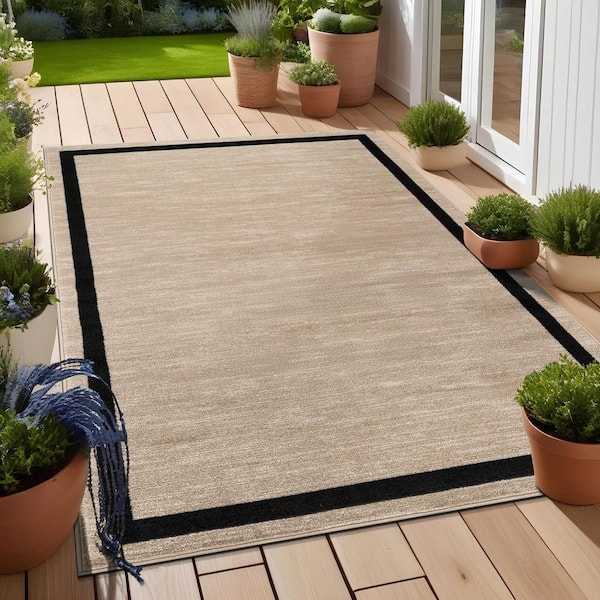 Aura Beige 9 ft. x 12 ft. Rubber Back Washable Modern Bordered Indoor Outdoor Area Rug