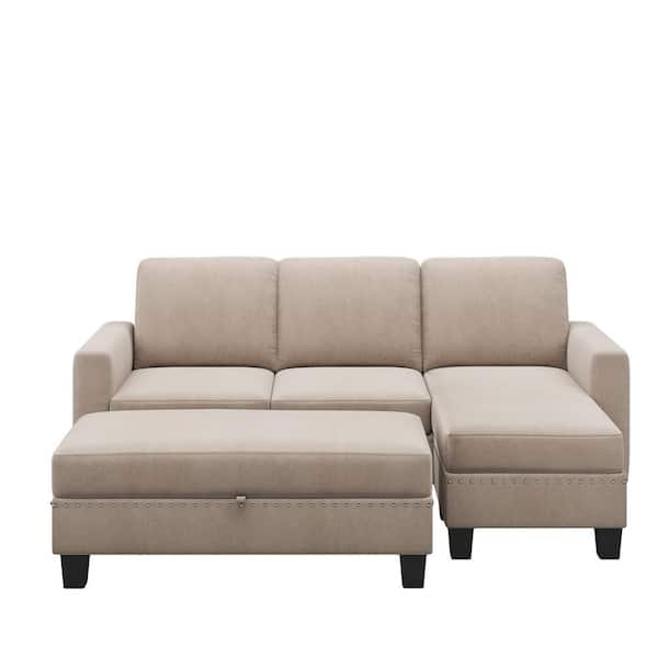 Clihome 81 in. Textured Square Arms Polyester Straight Sofa with 4-Seats Storage Ottoman in Beige